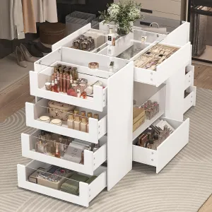 Closet Island with Drawers, Wardrobe Armoire Bedroom Island, Glass Display Shelf & 12 Drawers, White Dresser with Glass Top, Walk-in Closet Island for Bedroom, Cloakroom