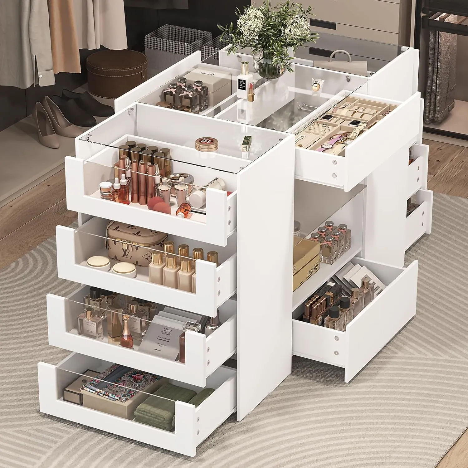 Closet Island with Drawers, Wardrobe Armoire Bedroom Island, Glass Display Shelf & 12 Drawers, White Dresser with Glass Top, Walk-in Closet Island for Bedroom, Cloakroom