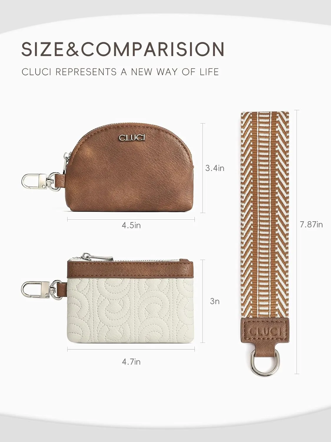 CLUCI Keychain Wallet for Women Leather Coin Purse Detachable Dual Pouch Wristlet Wallet Zipper Pocket Beige With Brown