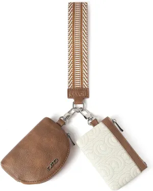CLUCI Keychain Wallet for Women Leather Coin Purse Detachable Dual Pouch Wristlet Wallet Zipper Pocket Beige With Brown