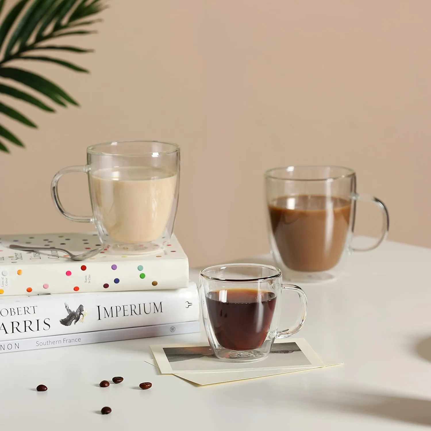CNGLASS Double Wall Glass Coffee Mugs 12 oz,Insulated Glass Coffee Cups with Handle,Clear Espresso Mugs for Cappuccino,Latte,Tea Bags,Hot and Cold Beverages,Set of 2