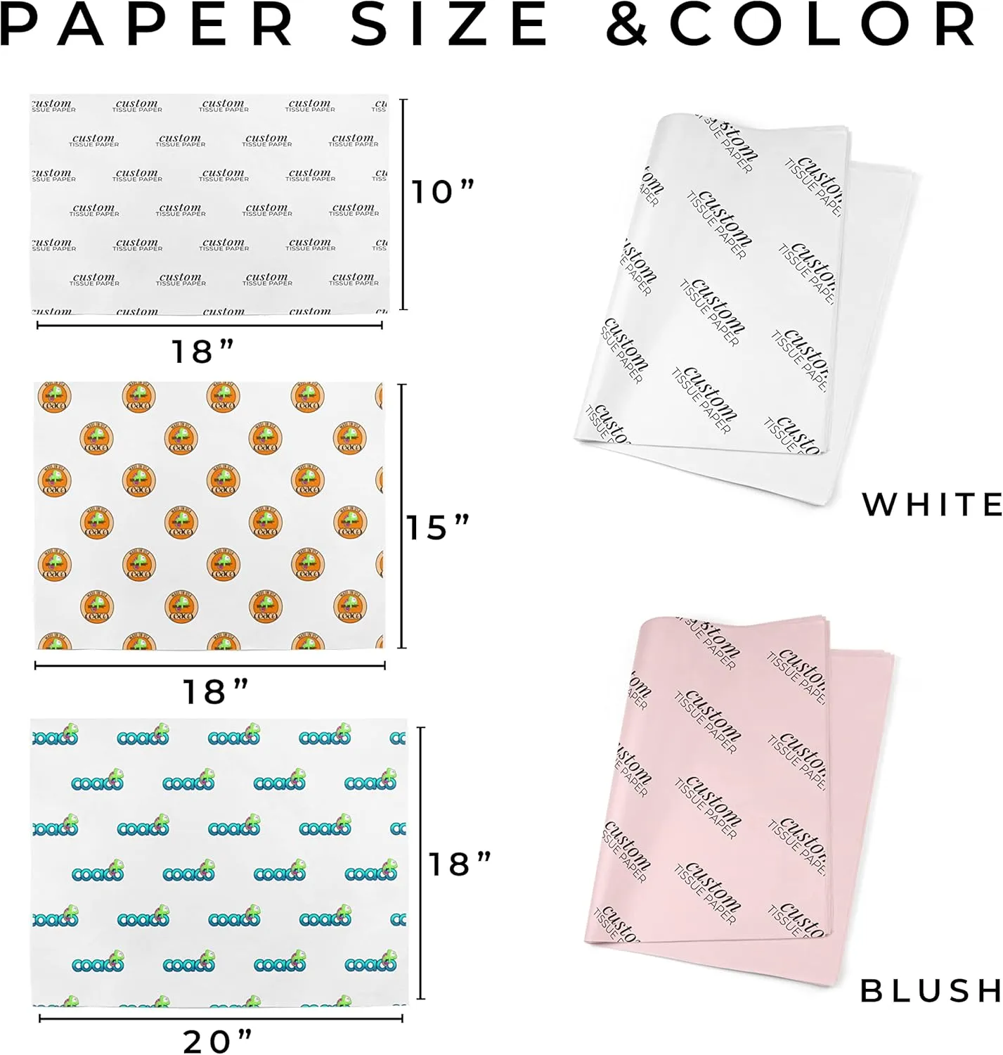 COACO Personalized Tissue Paper, Your Custom Design, Logo, or Text, Great for Holiday or Special Occasion, Small Business Packaging or Gift Wrapping, Gift Bags, 30, 50, or 100 Count, White (20"x18")