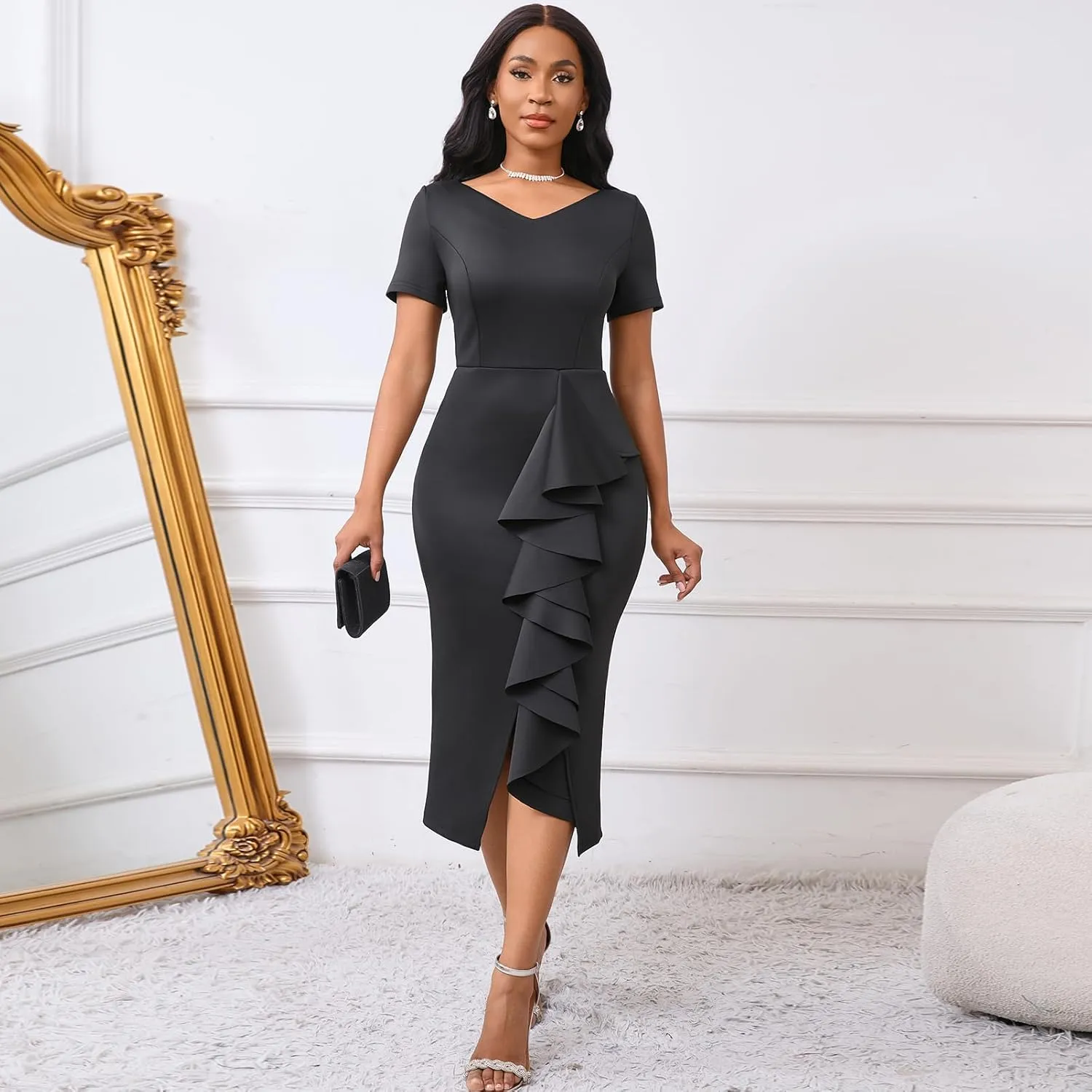 Cololura Women Sexy Elegant V Neck Short Sleeve Slit Ruffle Maxi Dress Formal Pencil Bodycon Midi Dress