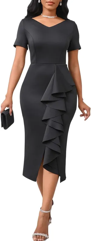 Cololura Women Sexy Elegant V Neck Short Sleeve Slit Ruffle Maxi Dress Formal Pencil Bodycon Midi Dress