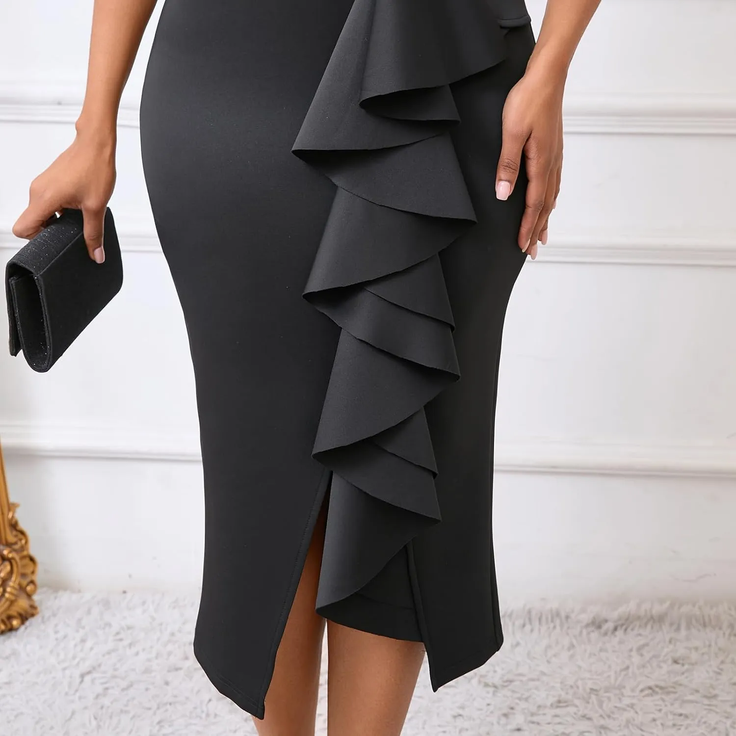 Cololura Women Sexy Elegant V Neck Short Sleeve Slit Ruffle Maxi Dress Formal Pencil Bodycon Midi Dress