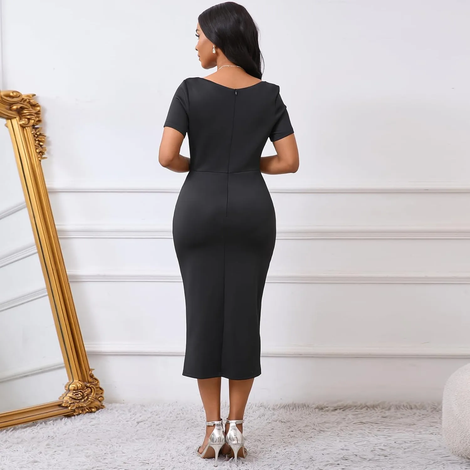 Cololura Women Sexy Elegant V Neck Short Sleeve Slit Ruffle Maxi Dress Formal Pencil Bodycon Midi Dress