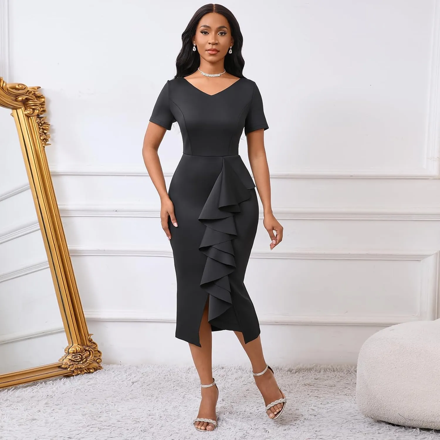 Cololura Women Sexy Elegant V Neck Short Sleeve Slit Ruffle Maxi Dress Formal Pencil Bodycon Midi Dress