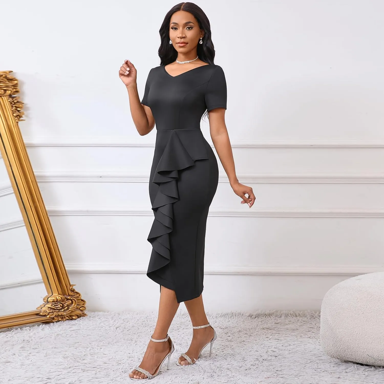 Cololura Women Sexy Elegant V Neck Short Sleeve Slit Ruffle Maxi Dress Formal Pencil Bodycon Midi Dress