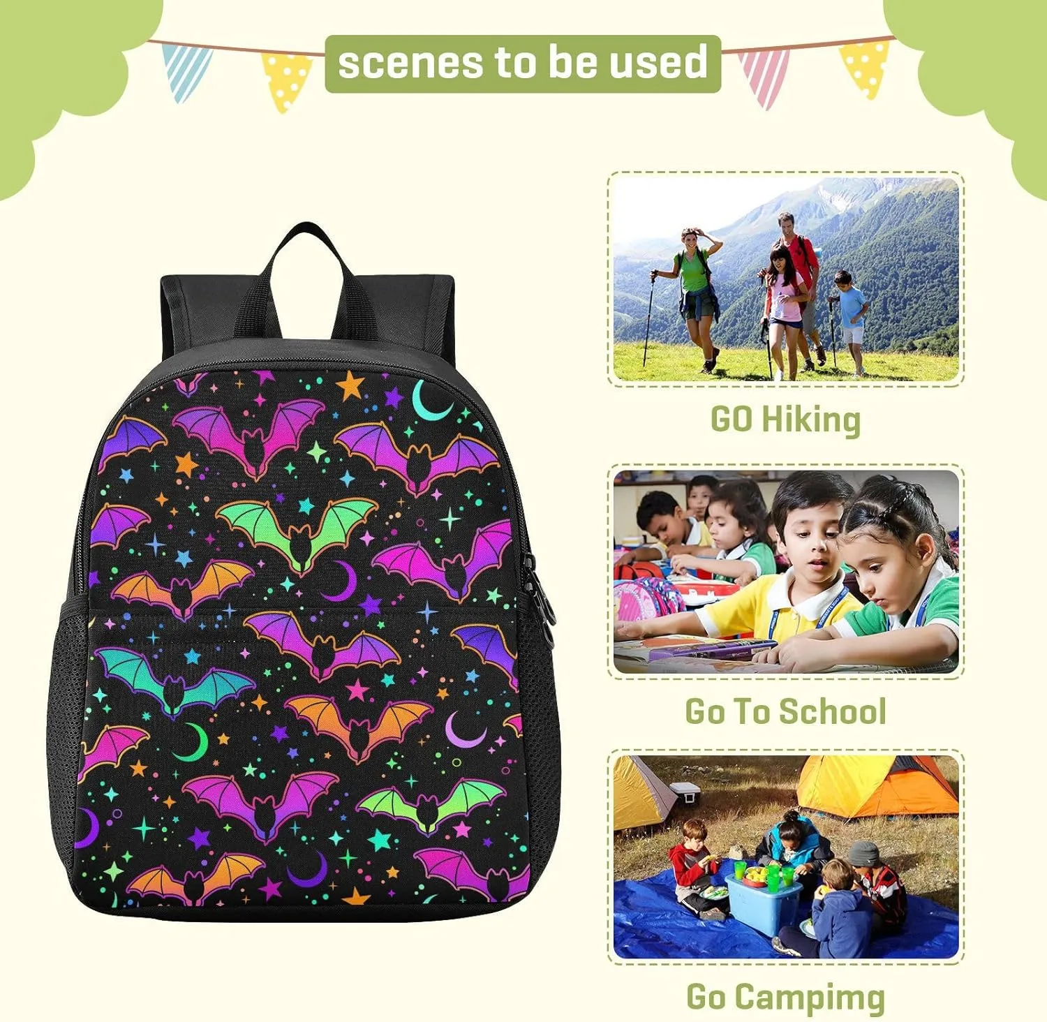 Colorful Bats Toddler Backpack Waterproof Mini Backpack Boys/Girls Cute Small Backpack Kindergarten Pre School Bags (M
