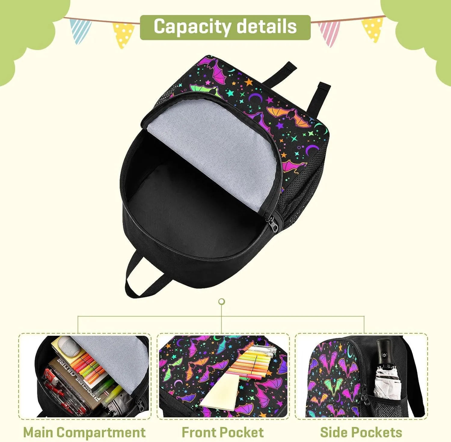 Colorful Bats Toddler Backpack Waterproof Mini Backpack Boys/Girls Cute Small Backpack Kindergarten Pre School Bags (M