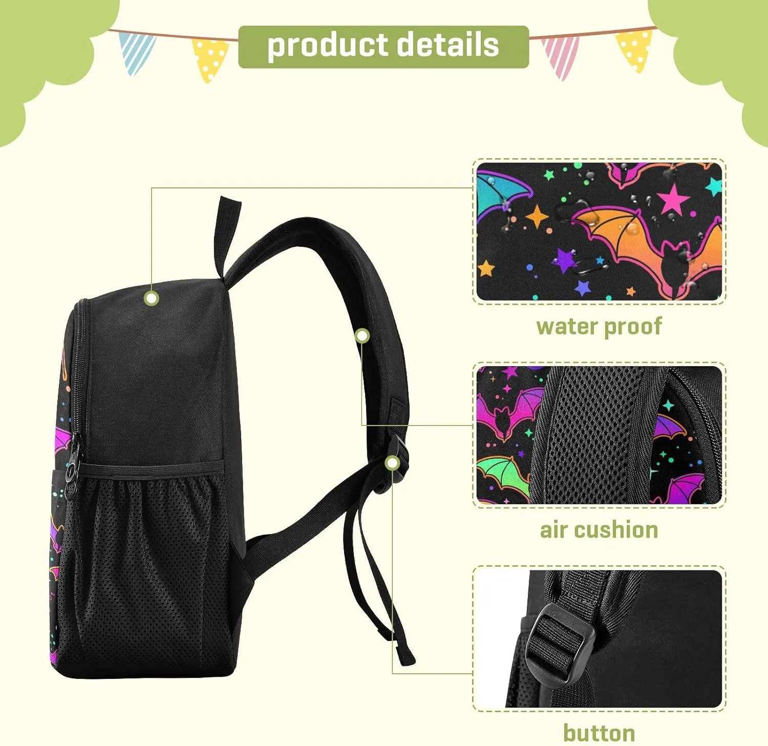 Colorful Bats Toddler Backpack Waterproof Mini Backpack Boys/Girls Cute Small Backpack Kindergarten Pre School Bags (M