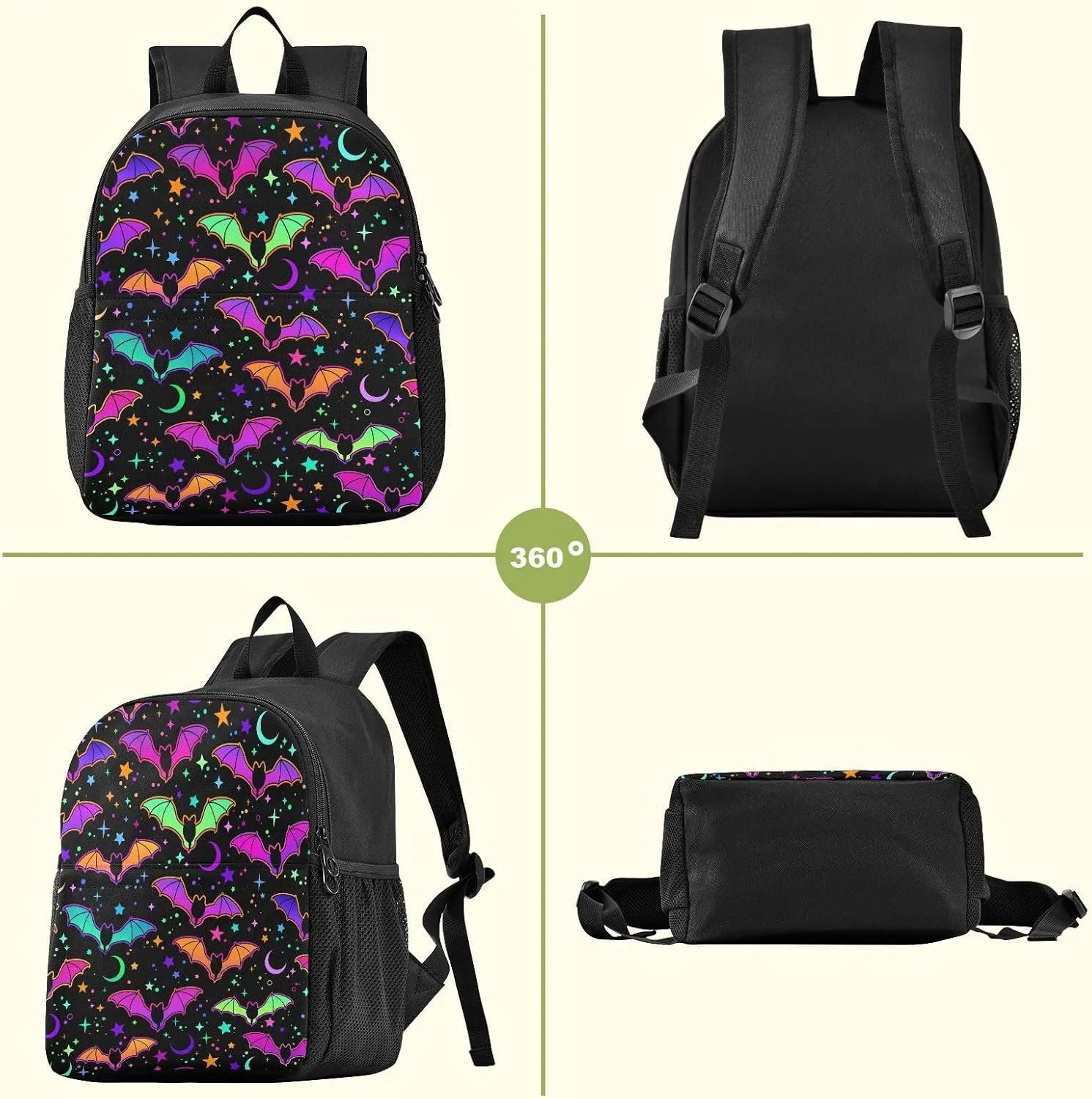 Colorful Bats Toddler Backpack Waterproof Mini Backpack Boys/Girls Cute Small Backpack Kindergarten Pre School Bags (M