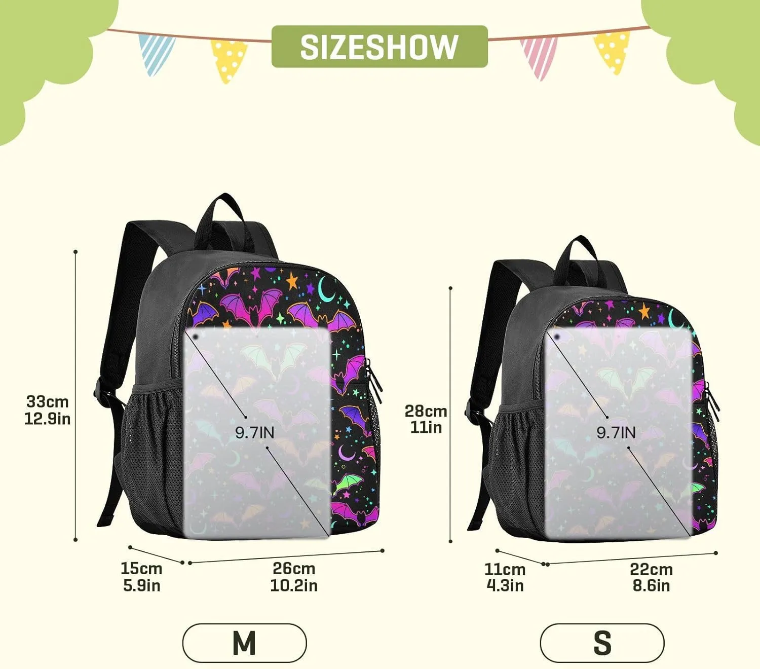 Colorful Bats Toddler Backpack Waterproof Mini Backpack Boys/Girls Cute Small Backpack Kindergarten Pre School Bags (M