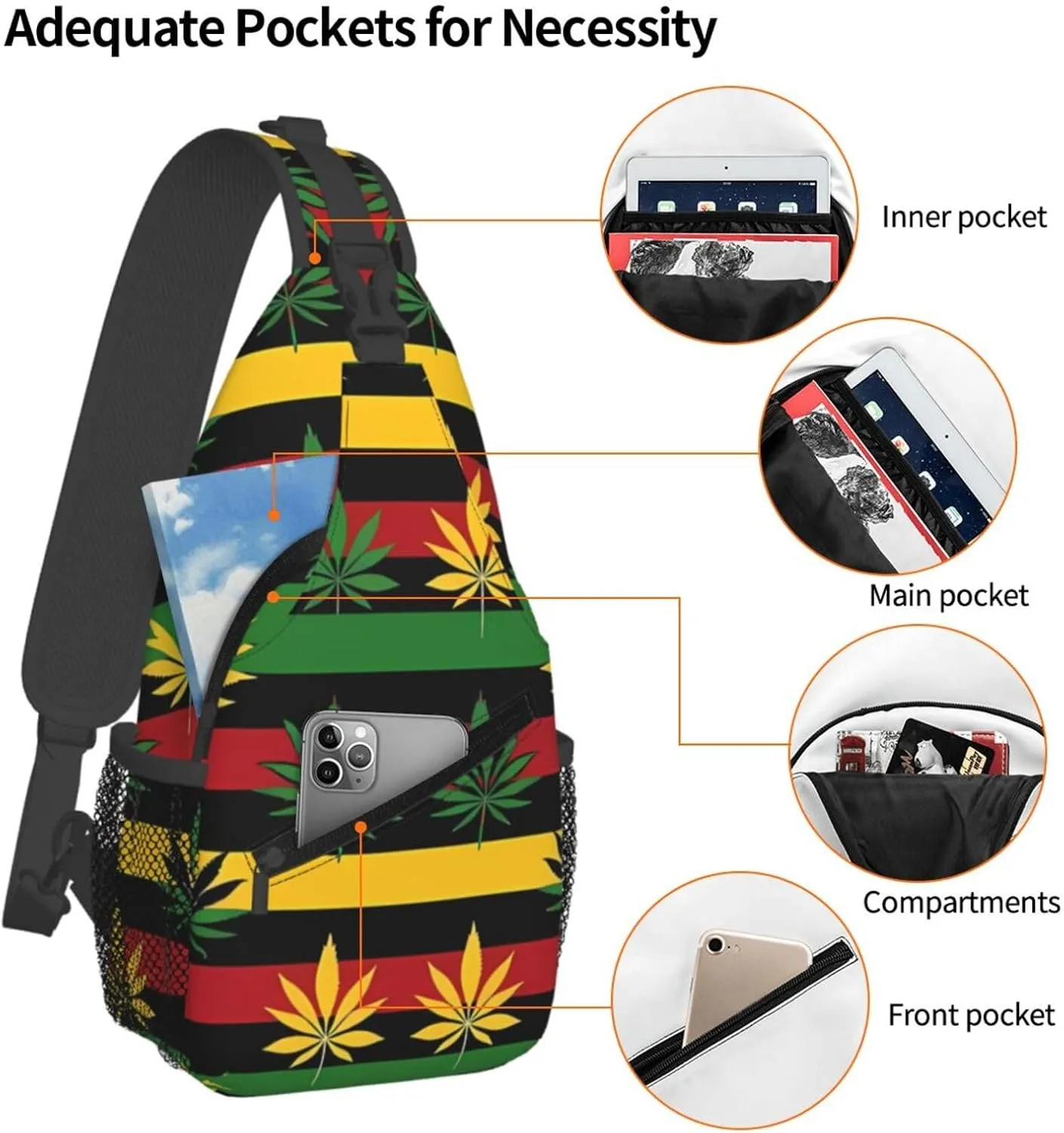 Colourful Marijuana Leaf Chest Bags Crossbody Sling Bag Shoulder Bag Travel Hiking Daypack For Men Women
