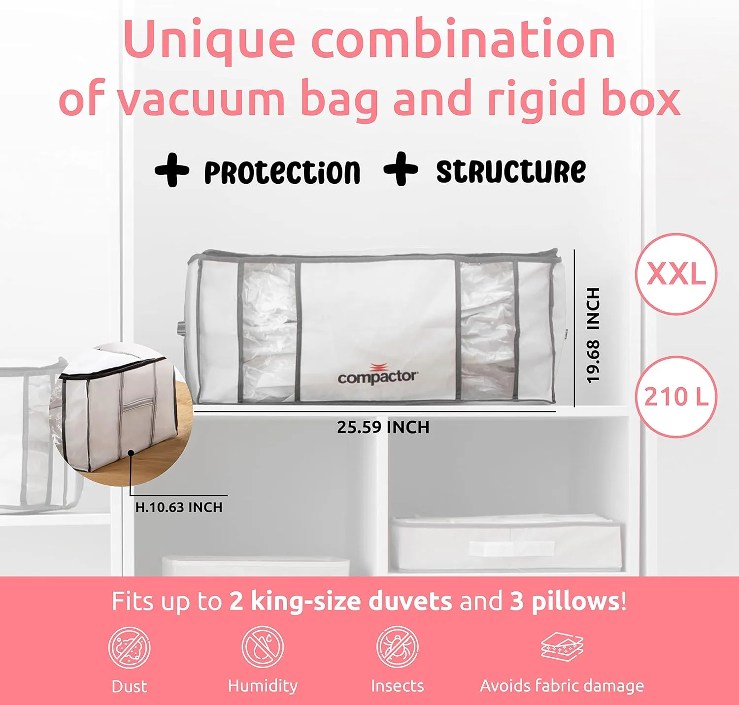 Compactor Pack of 3 XXL, Vacuum Storage Bags, Vacuum Seal Bags for Clothing with Semi-Rigid Box,Compression Cubes for Comforters & Blankets