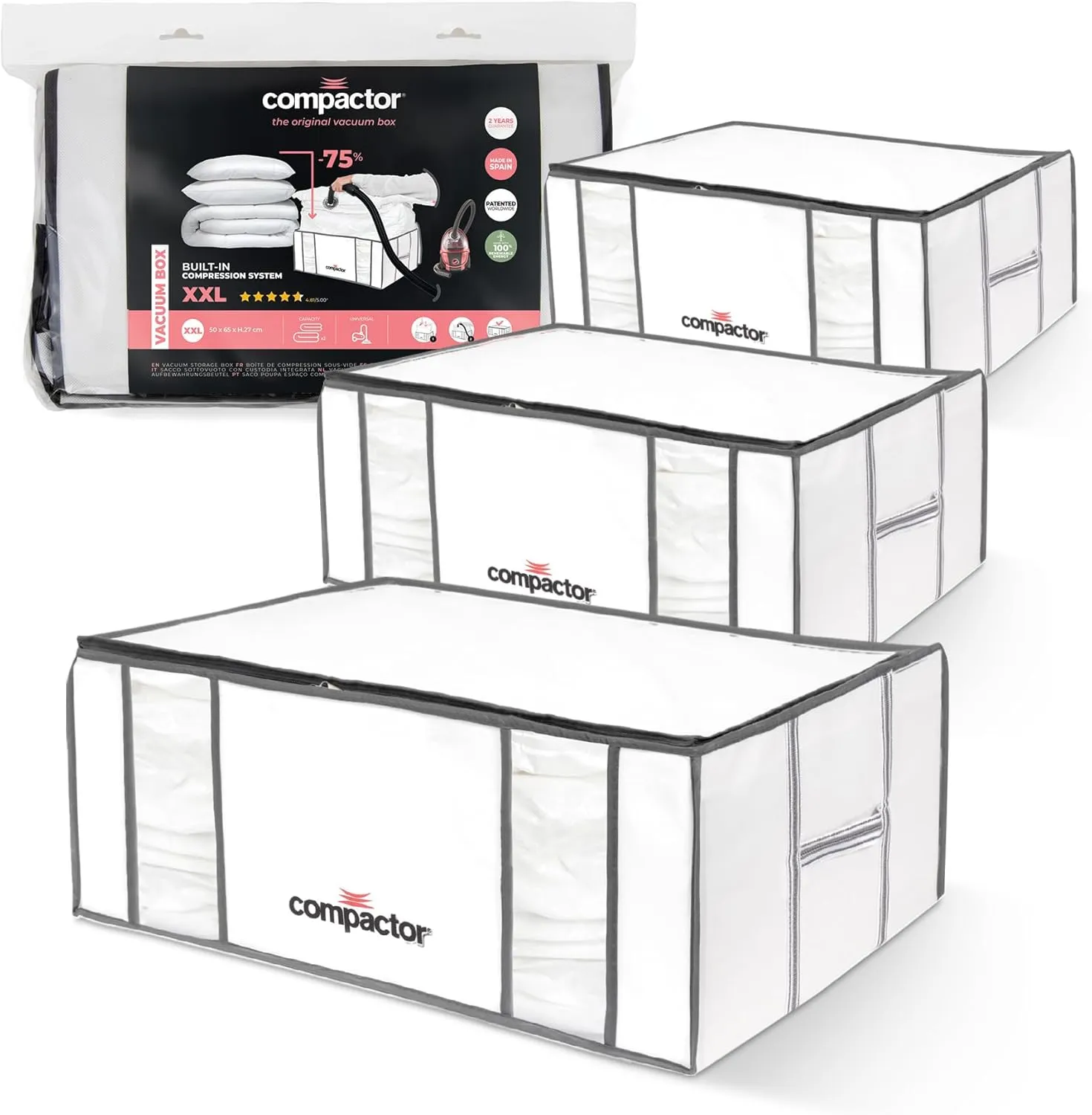 Compactor Pack of 3 XXL, Vacuum Storage Bags, Vacuum Seal Bags for Clothing with Semi-Rigid Box,Compression Cubes for Comforters & Blankets