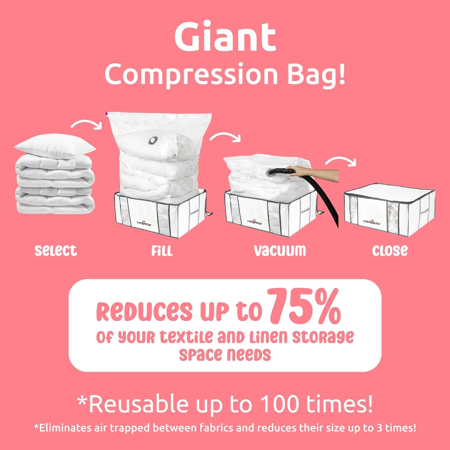 Compactor Pack of 3 XXL, Vacuum Storage Bags, Vacuum Seal Bags for Clothing with Semi-Rigid Box,Compression Cubes for Comforters & Blankets