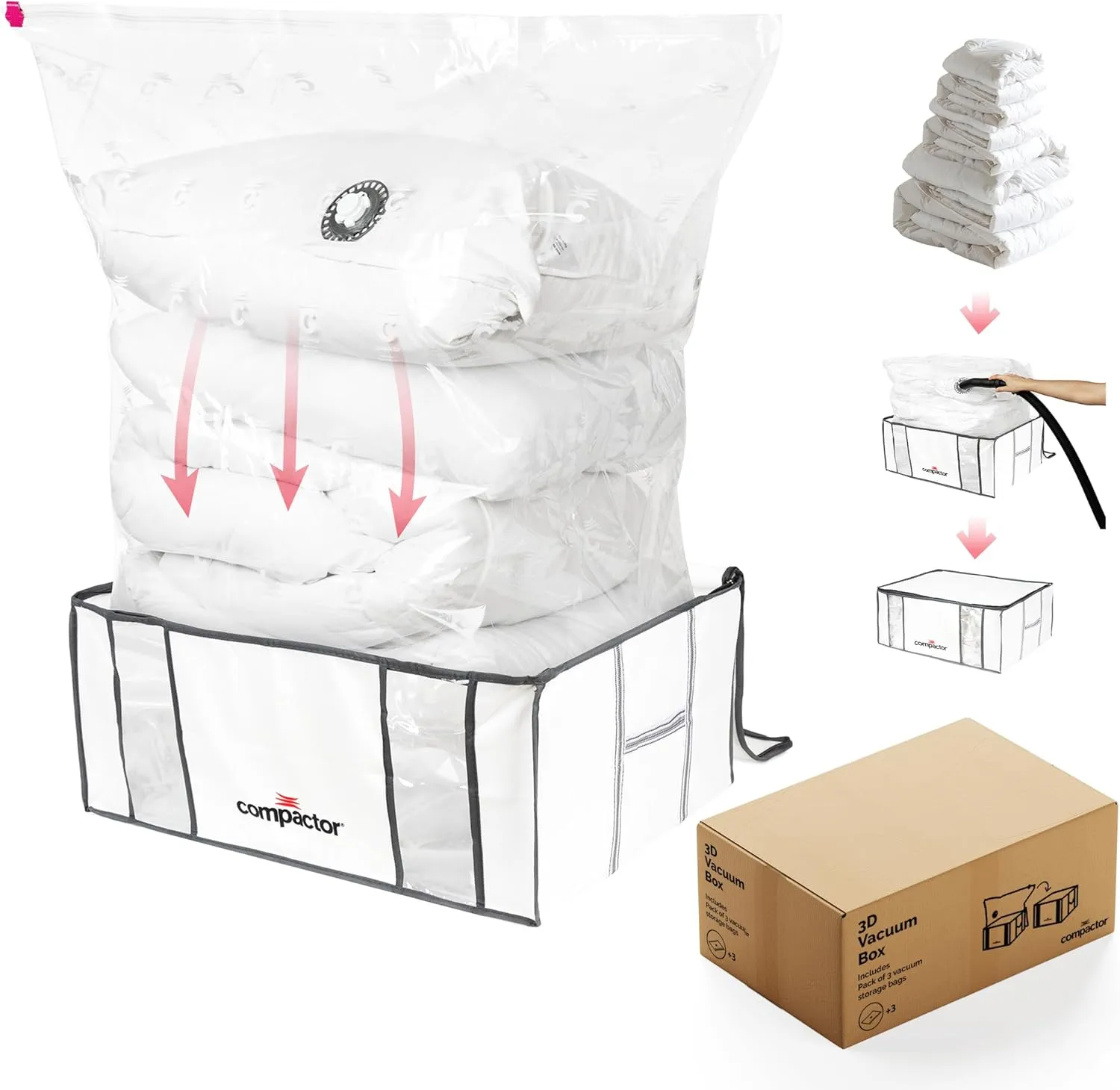 Compactor Pack of 3 XXL, Vacuum Storage Bags, Vacuum Seal Bags for Clothing with Semi-Rigid Box,Compression Cubes for Comforters & Blankets