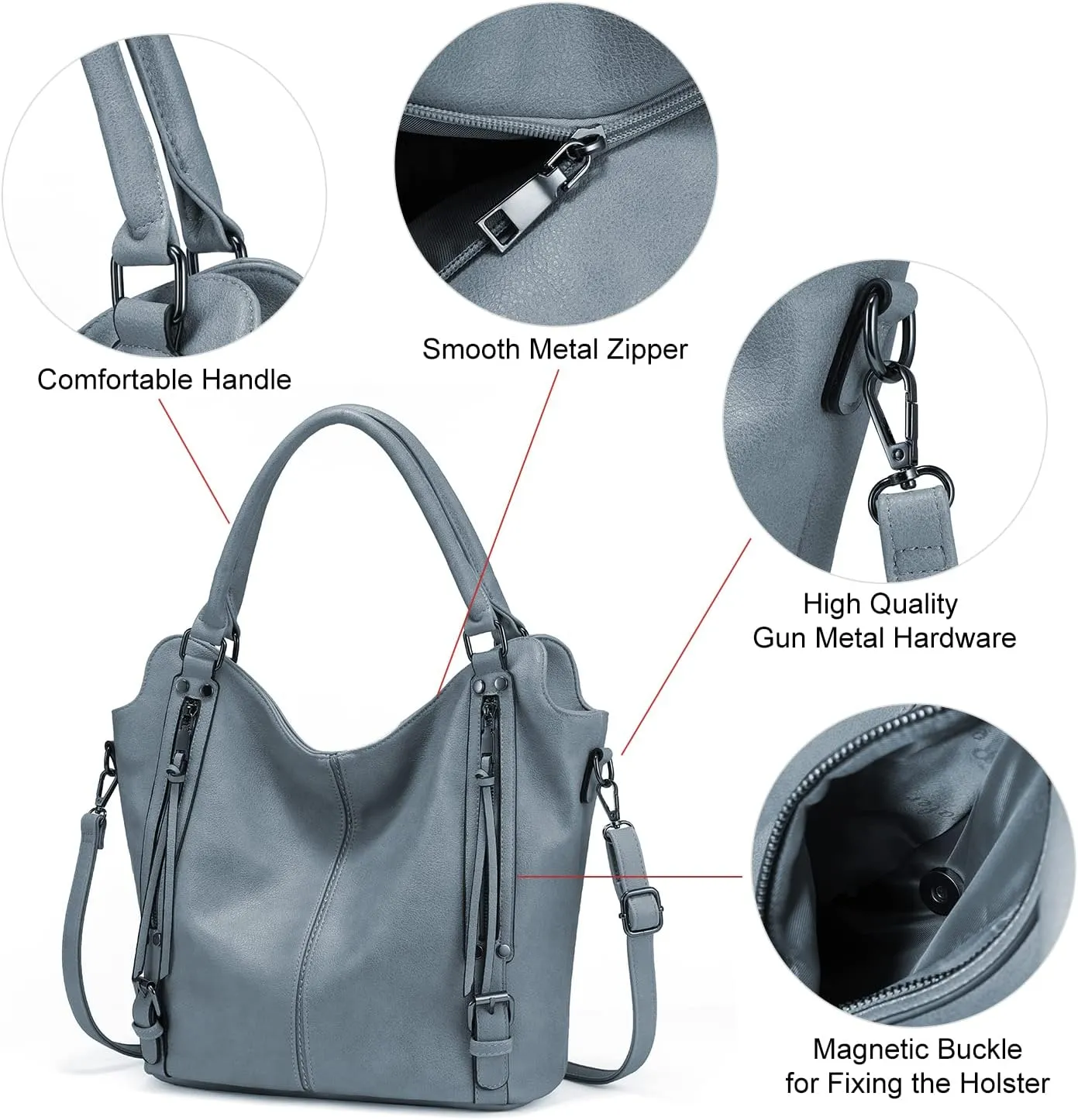 Concealed Carry Hobo Purse for Women Faux Leather Crossbody Shoulder Bags Large Tote Bag with Detachable Holster