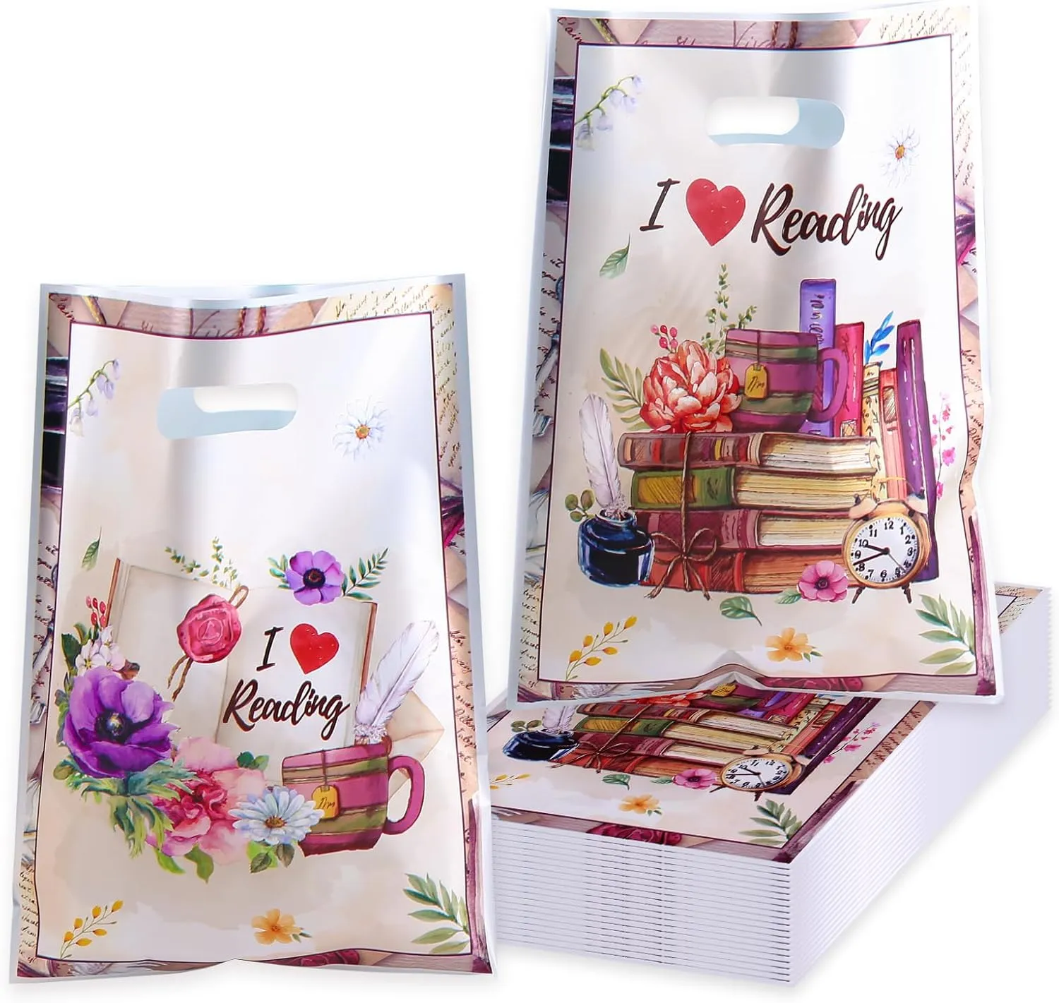 Corbekel 100 PCS Book Lovers Plastic Gift Bags, 9.84 x 7.1 IN Book Themed Candy Goodie Bag Bulk, Book Party Favor Bags for Club and Party Decorations