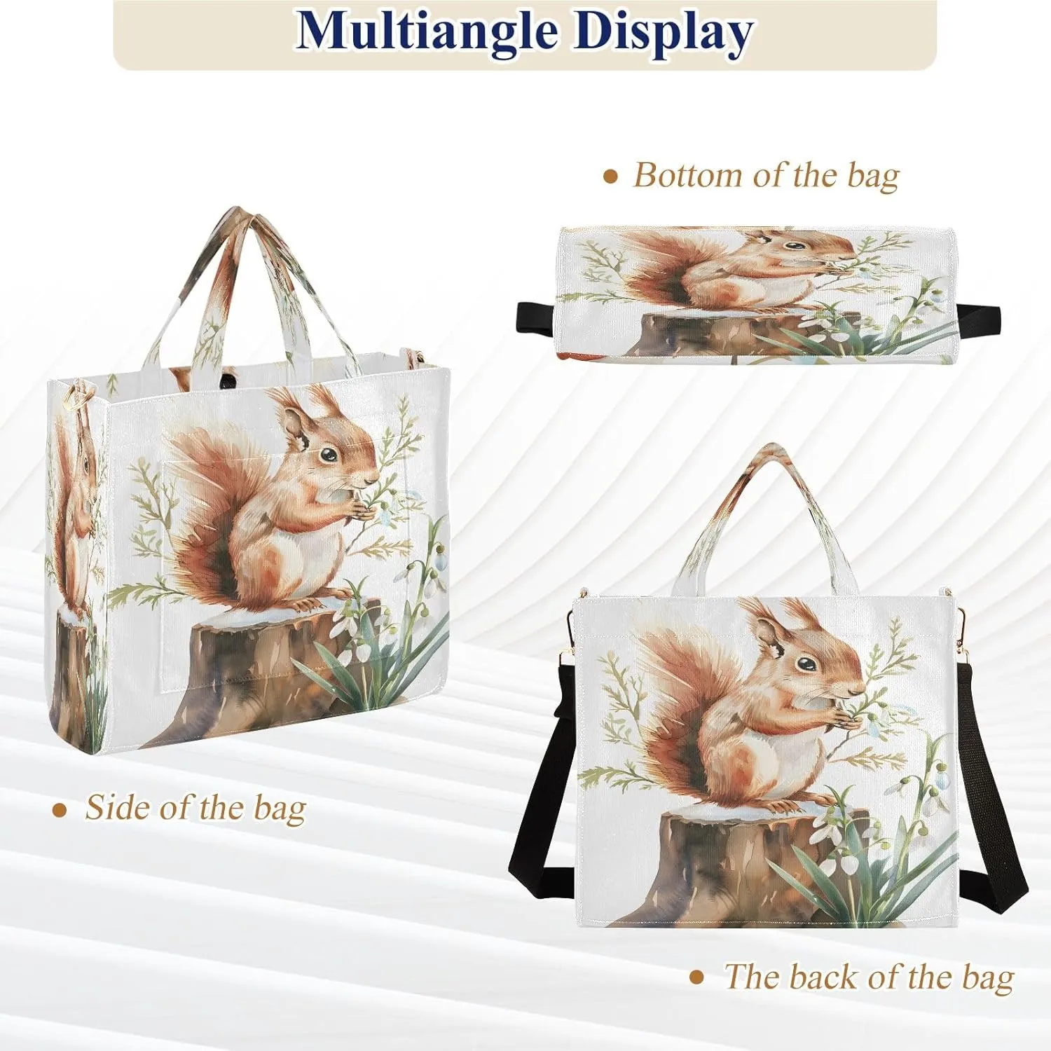 Corduroy Tote Bag Squirrel on A Tree Stump Women Crossbody Bag with Detachable and Adjustable Shoulder Strap
