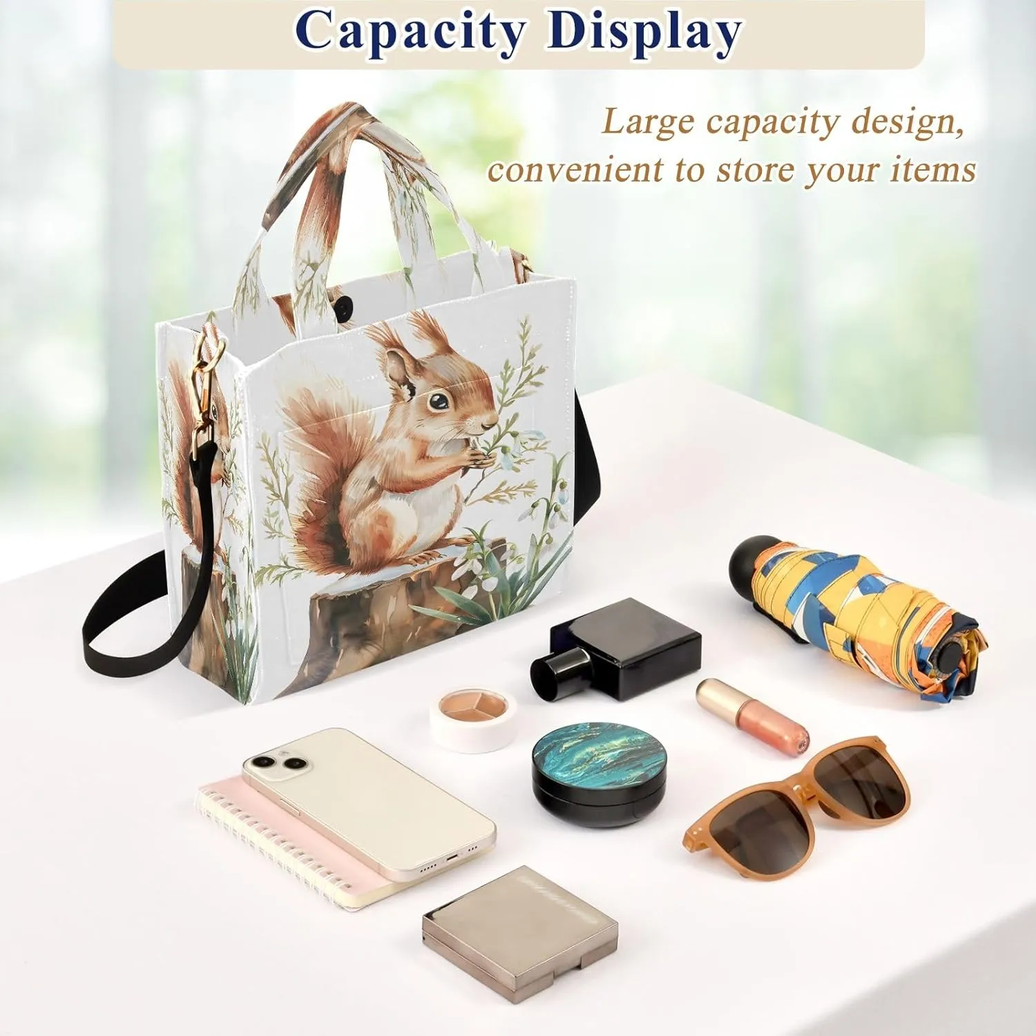 Corduroy Tote Bag Squirrel on A Tree Stump Women Crossbody Bag with Detachable and Adjustable Shoulder Strap
