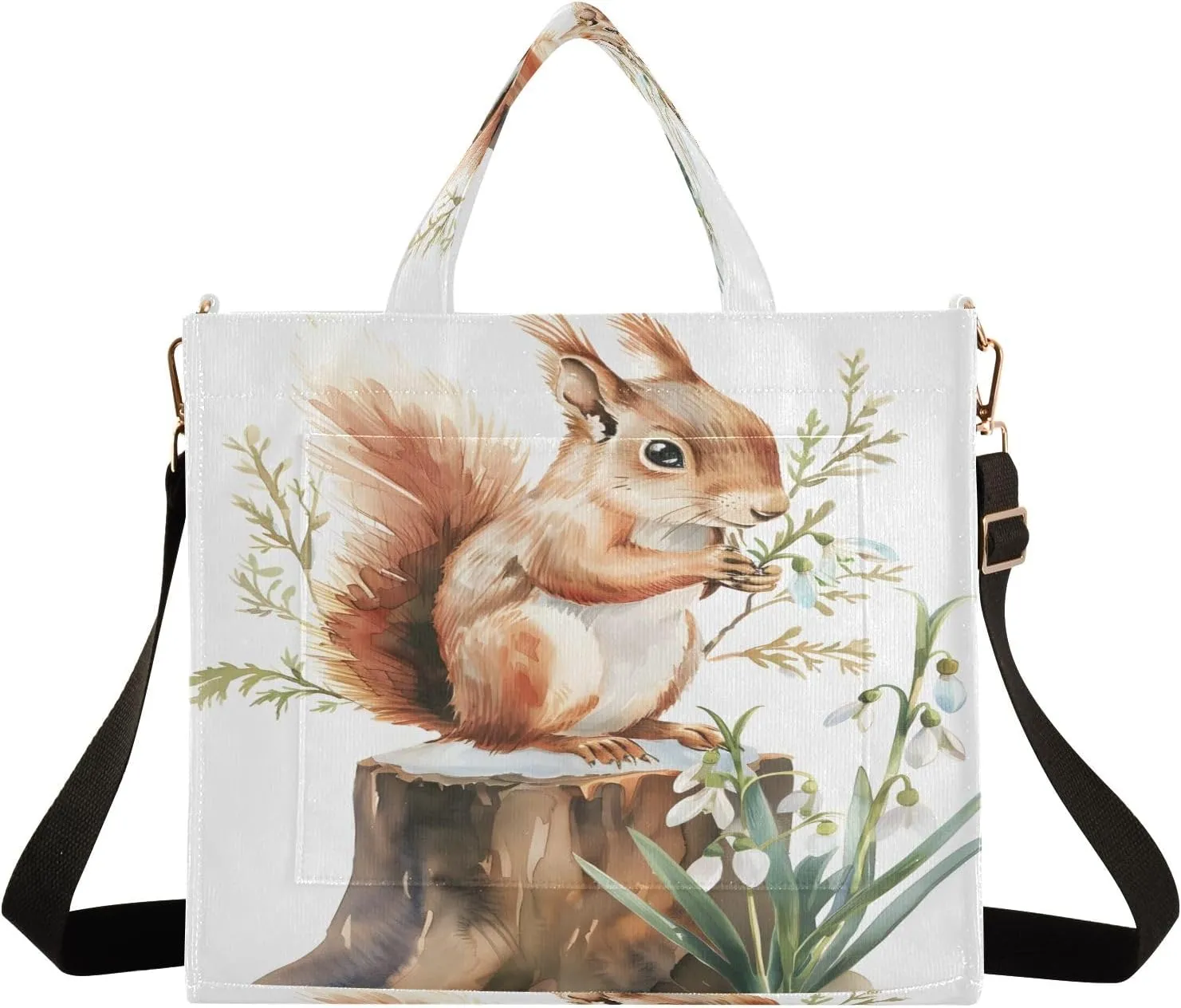 Corduroy Tote Bag Squirrel on A Tree Stump Women Crossbody Bag with Detachable and Adjustable Shoulder Strap