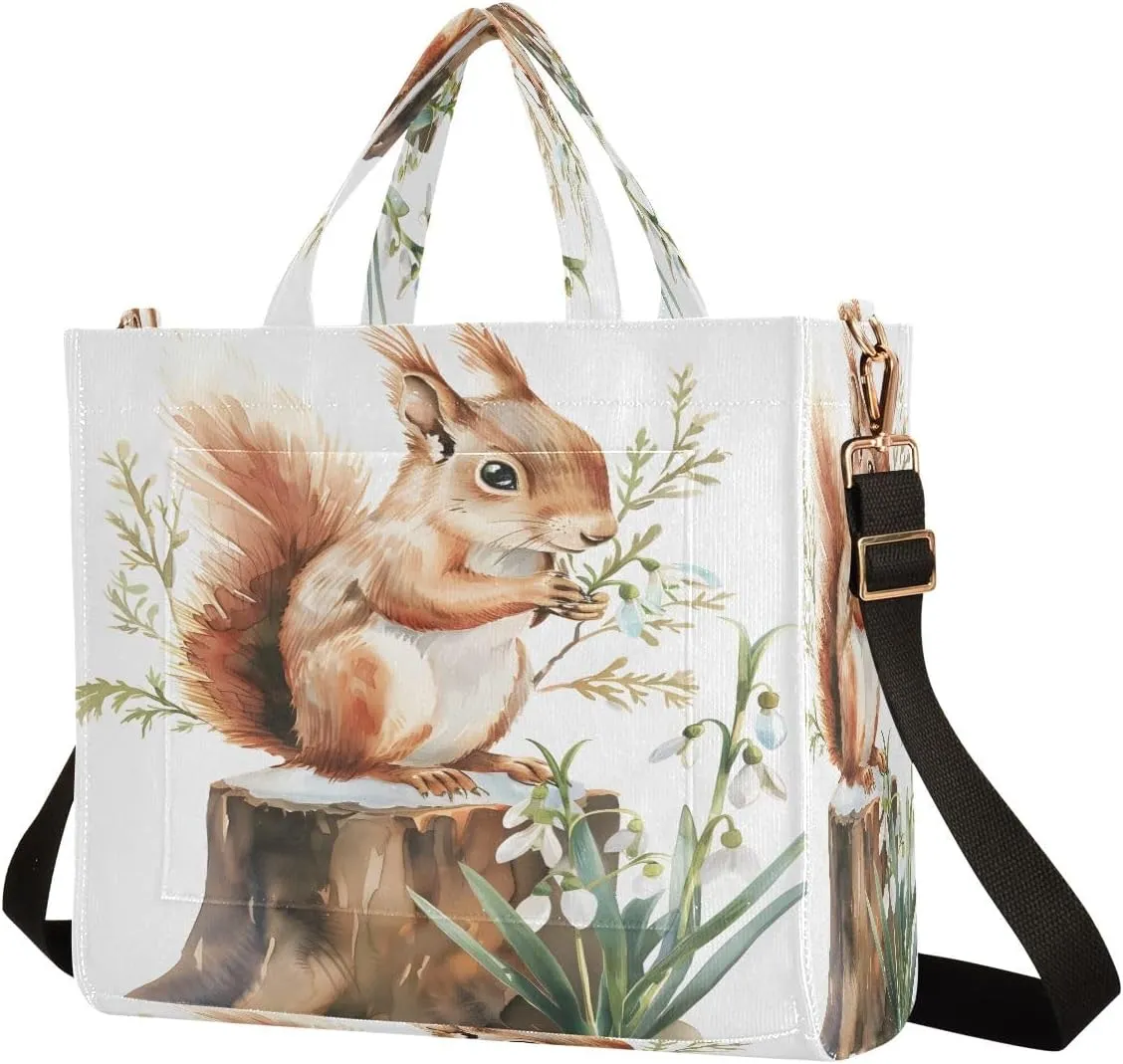 Corduroy Tote Bag Squirrel on A Tree Stump Women Crossbody Bag with Detachable and Adjustable Shoulder Strap