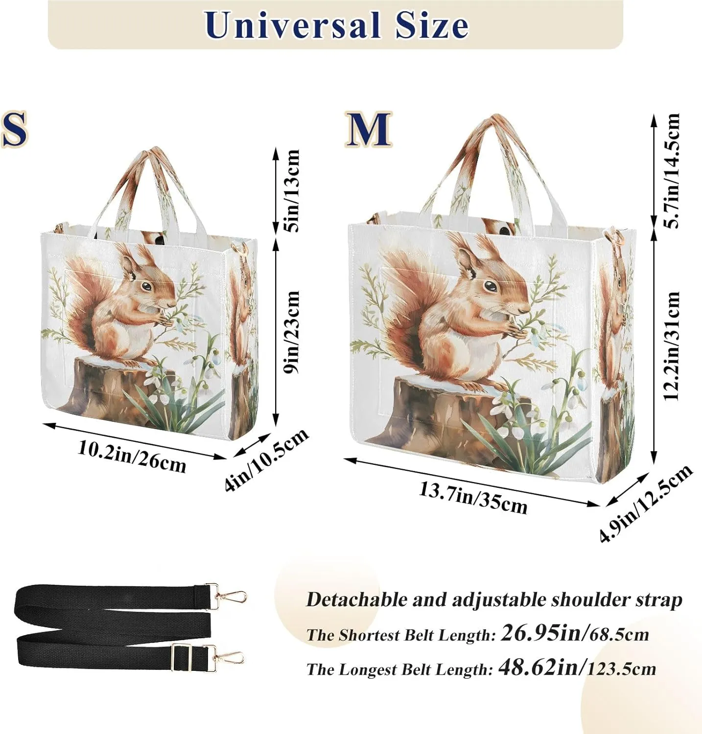Corduroy Tote Bag Squirrel on A Tree Stump Women Crossbody Bag with Detachable and Adjustable Shoulder Strap