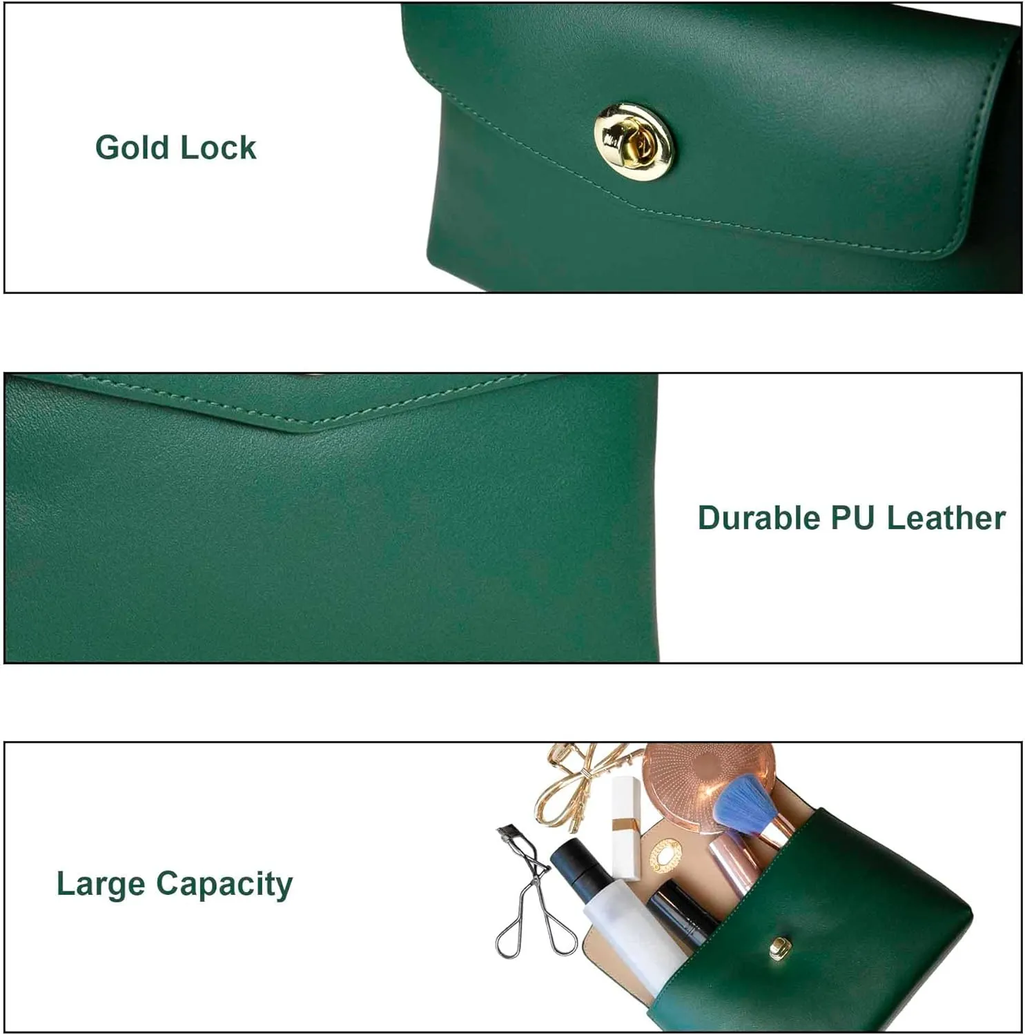 Cosmetic Bag Travel Makeup Pouch Travel Organizer, Zipper Pouch Bags for Women Vegan Leather (Forest Green)