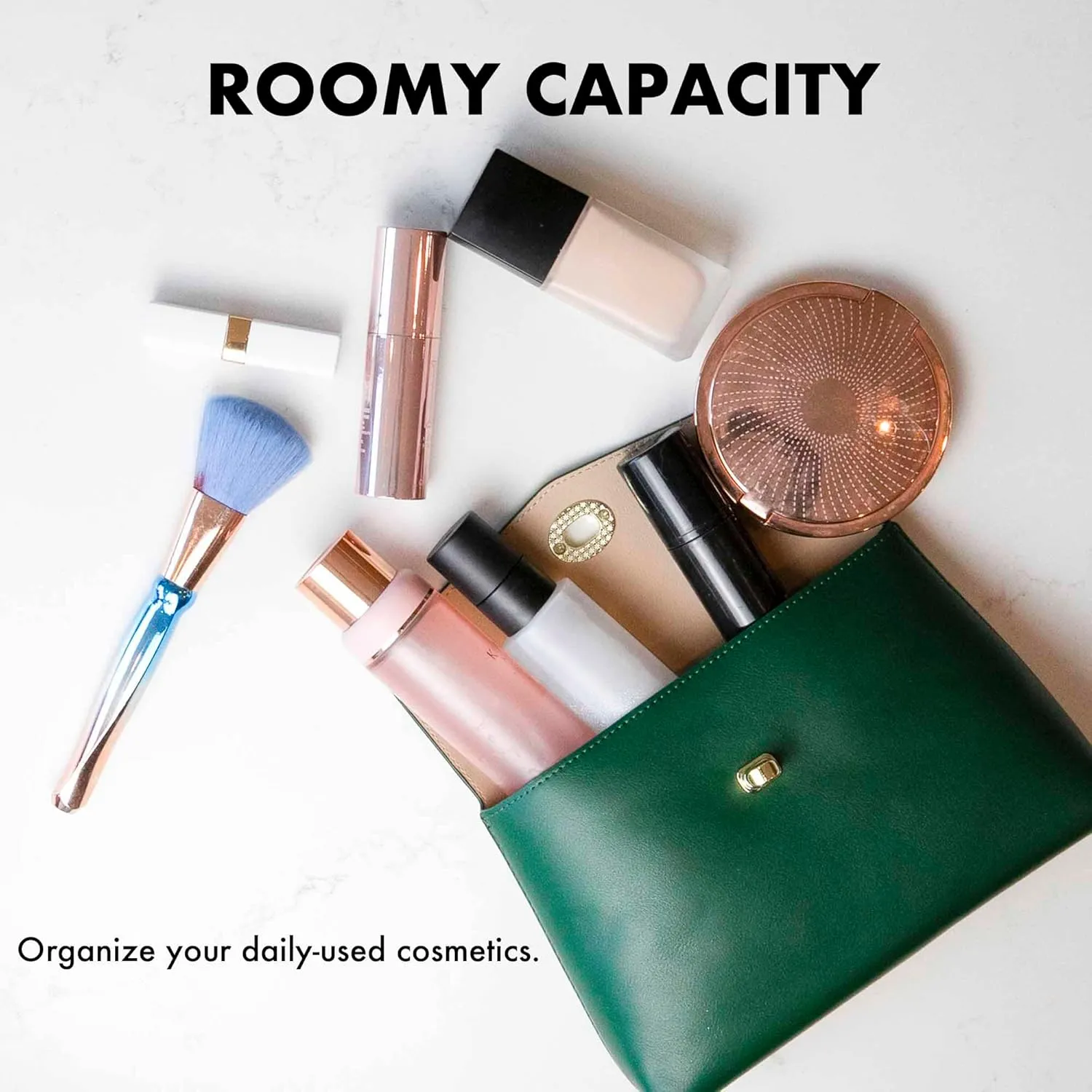 Cosmetic Bag Travel Makeup Pouch Travel Organizer, Zipper Pouch Bags for Women Vegan Leather (Forest Green)