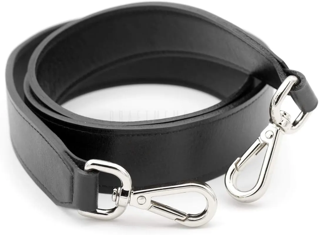 CRAFTMEMORE Bag Handle Replacement Genuine Leather Purse Strap for Handbag Tote Briefcase GL018 (Black Strap, Silver Clasp)
