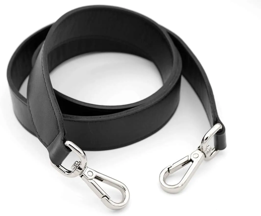 CRAFTMEMORE Bag Handle Replacement Genuine Leather Purse Strap for Handbag Tote Briefcase GL018 (Black Strap, Silver Clasp)