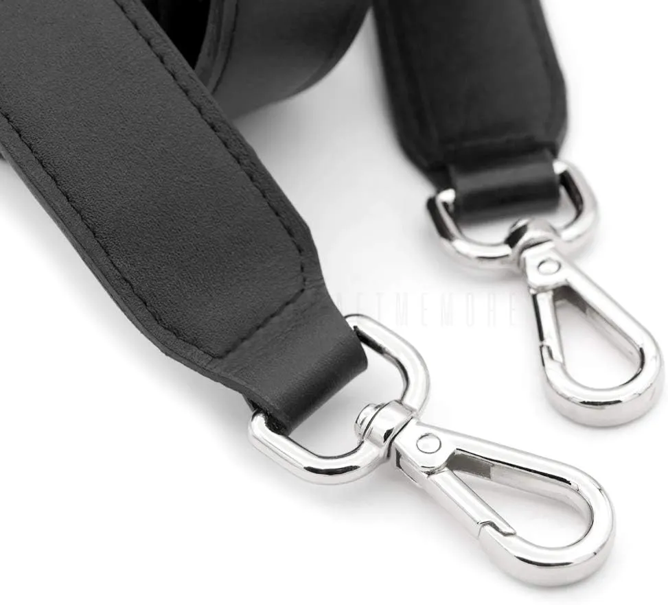 CRAFTMEMORE Bag Handle Replacement Genuine Leather Purse Strap for Handbag Tote Briefcase GL018 (Black Strap, Silver Clasp)