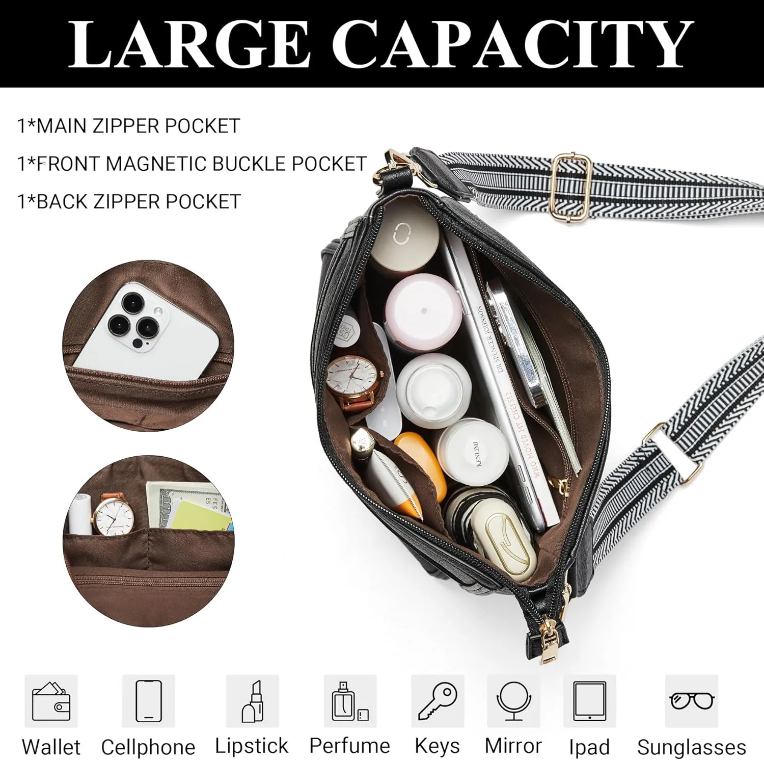 Crossbody Bags for Women Vegan Leather Hobo Purses Travel Shoulder Handbags with Detachable Wide Guitar Strap