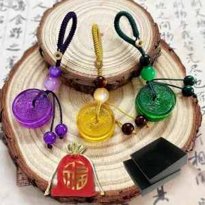 Crystal Feng Shui Coins - Chinese Braided Rope with Modern Crystal Coins for Wealth, Luck, and Fortune - Hanging Ornaments with Red Blessing Bags and Decorative Box - 3 Pieces