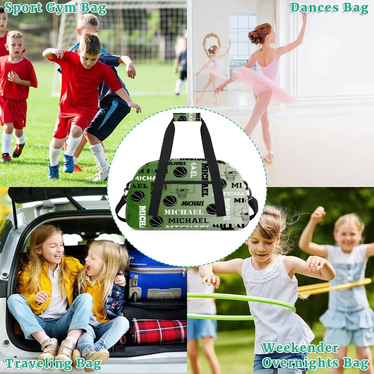 Custom Basketball Gym Duffel Bag for Women Men, Personalized Name Sport Bag Overnight Bags Customized Travel Weekender Bag, Misty Green