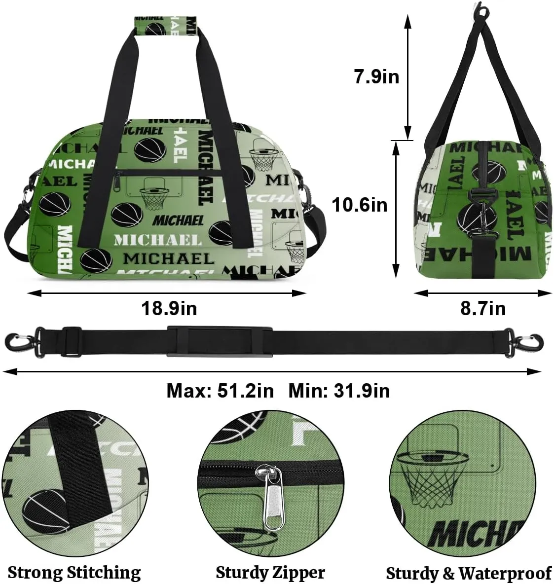 Custom Basketball Gym Duffel Bag for Women Men, Personalized Name Sport Bag Overnight Bags Customized Travel Weekender Bag, Misty Green