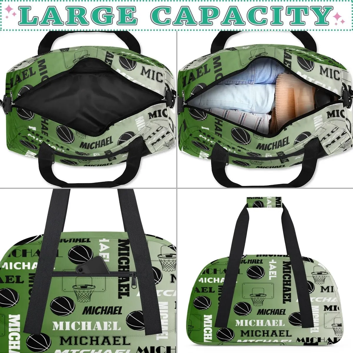 Custom Basketball Gym Duffel Bag for Women Men, Personalized Name Sport Bag Overnight Bags Customized Travel Weekender Bag, Misty Green