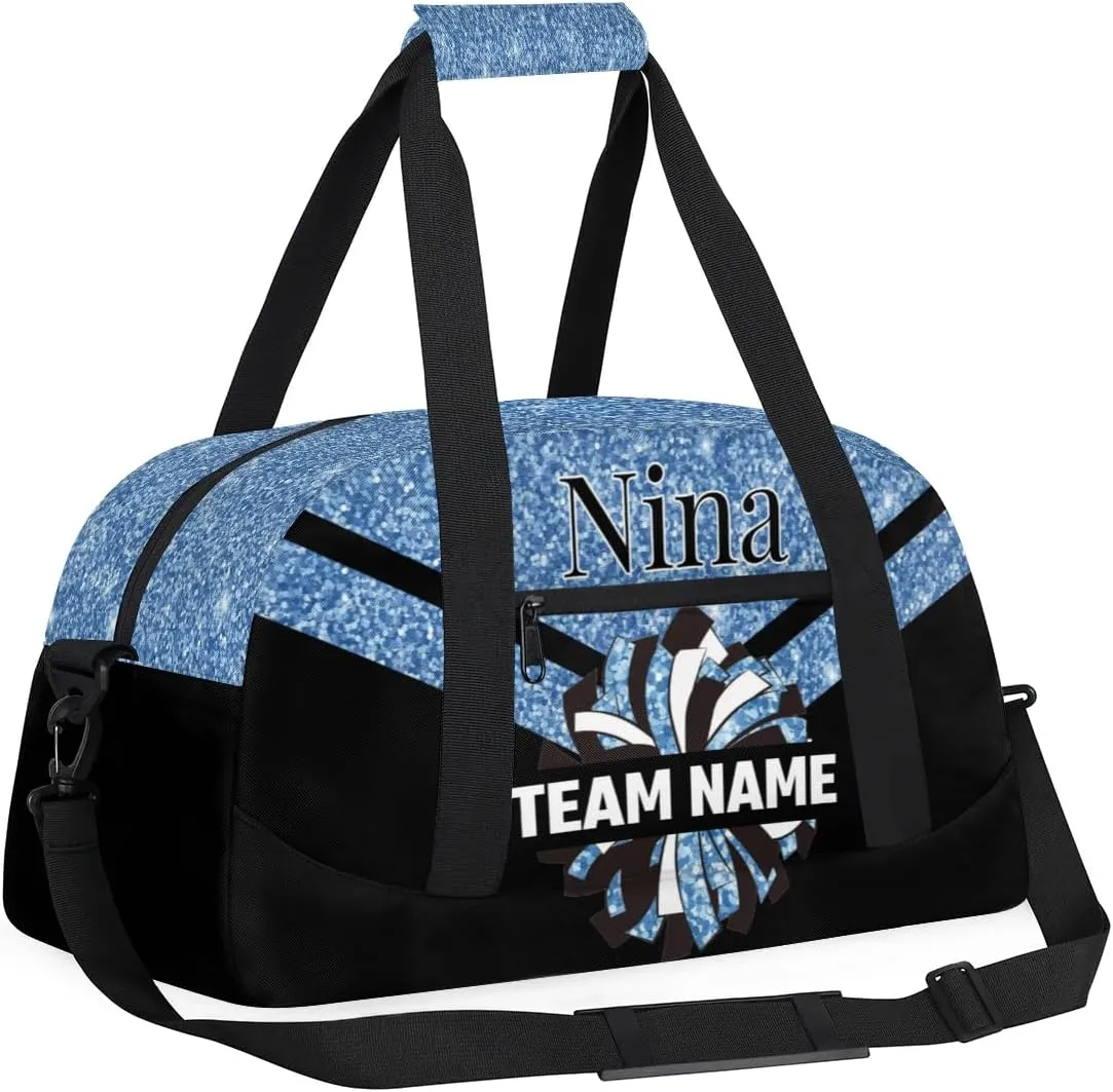 Custom Cheer Sport Bag Gym Duffel Bags Personalized Cheerleadr Bag with Team Name, Customize Travel Duffle Bags, Overnight Weekender Bag Cheerleading Gifts, Blue Glitter