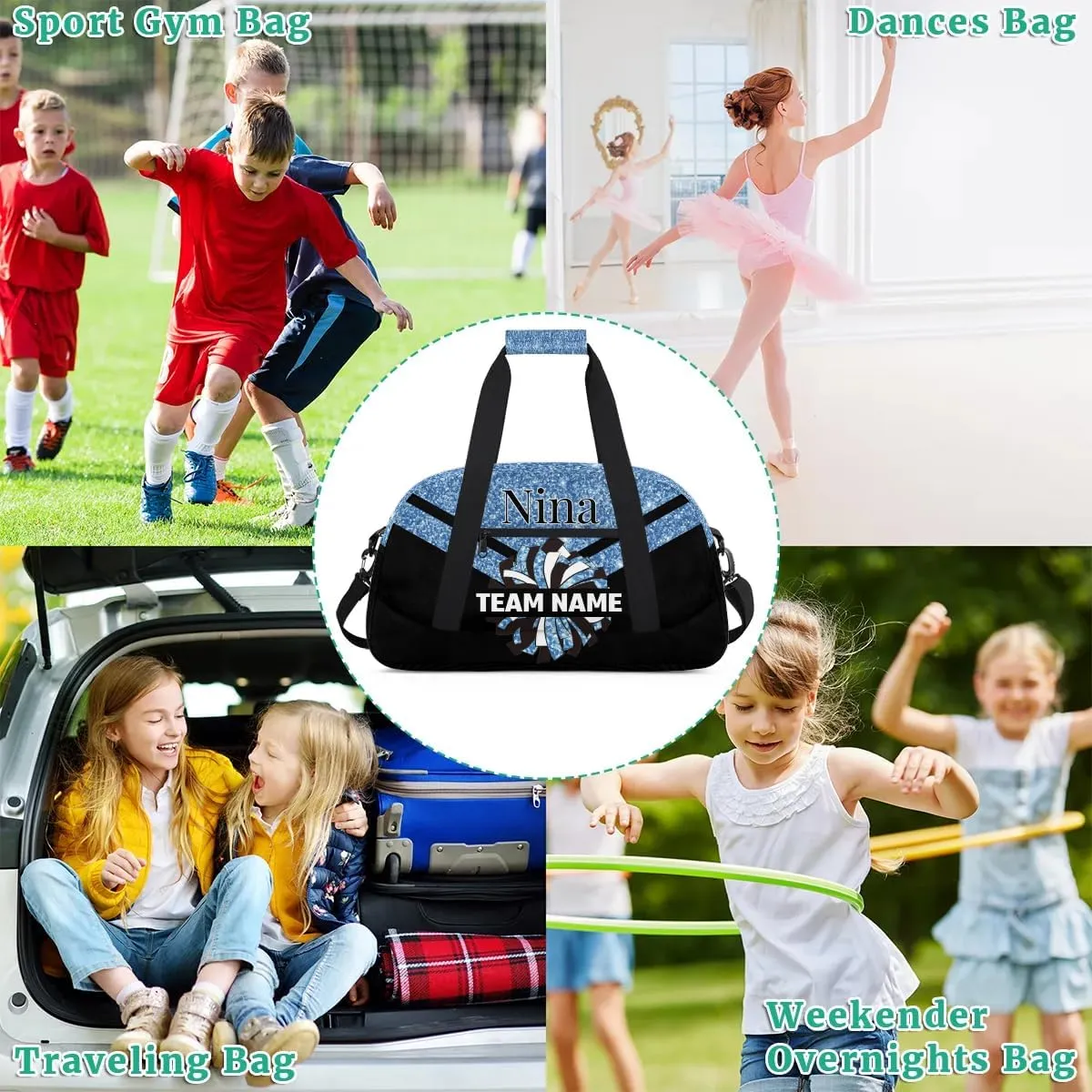 Custom Cheer Sport Bag Gym Duffel Bags Personalized Cheerleadr Bag with Team Name, Customize Travel Duffle Bags, Overnight Weekender Bag Cheerleading Gifts, Blue Glitter