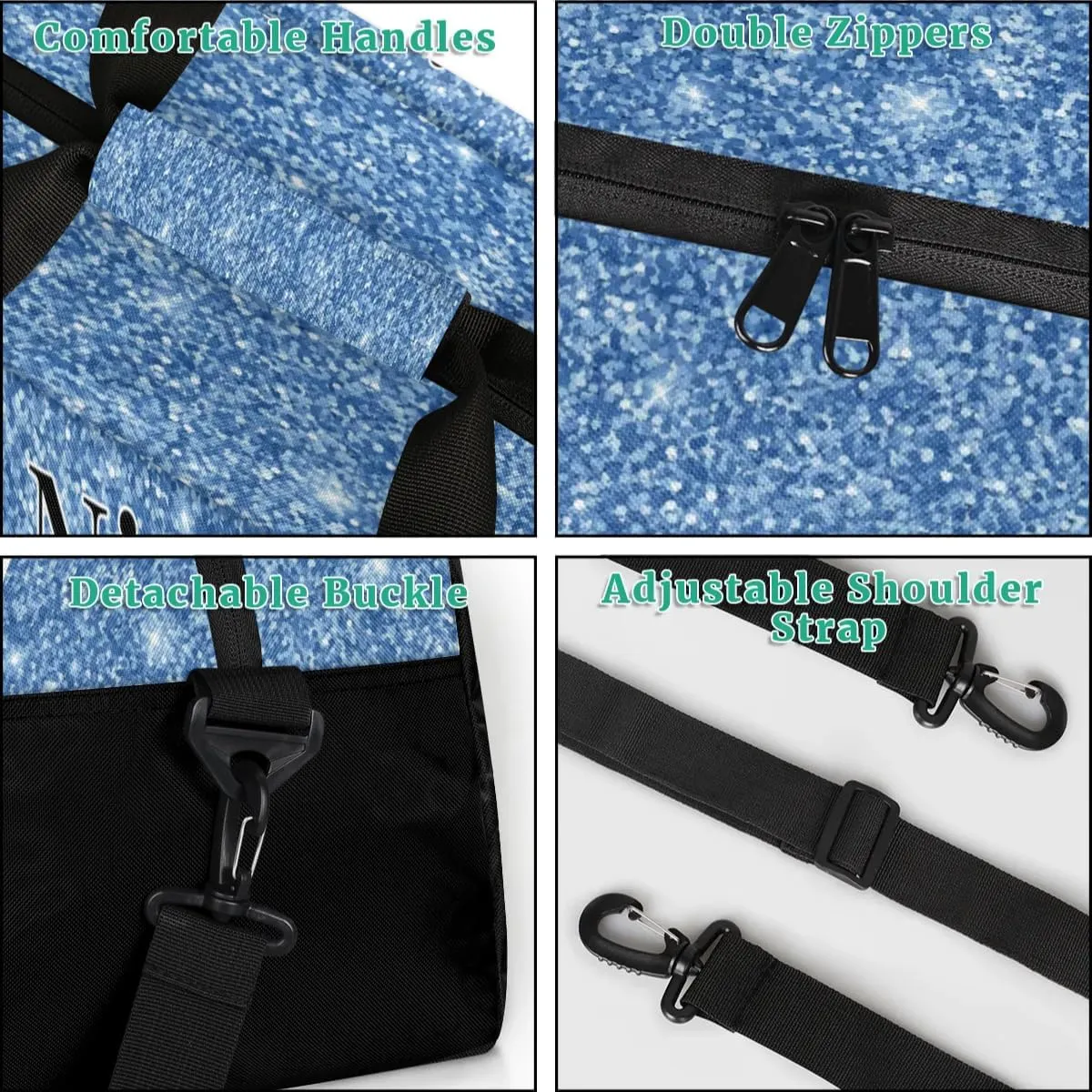 Custom Cheer Sport Bag Gym Duffel Bags Personalized Cheerleadr Bag with Team Name, Customize Travel Duffle Bags, Overnight Weekender Bag Cheerleading Gifts, Blue Glitter