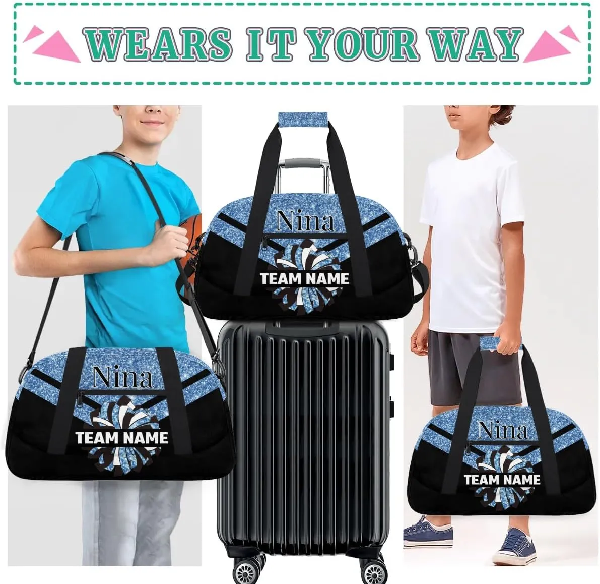 Custom Cheer Sport Bag Gym Duffel Bags Personalized Cheerleadr Bag with Team Name, Customize Travel Duffle Bags, Overnight Weekender Bag Cheerleading Gifts, Blue Glitter