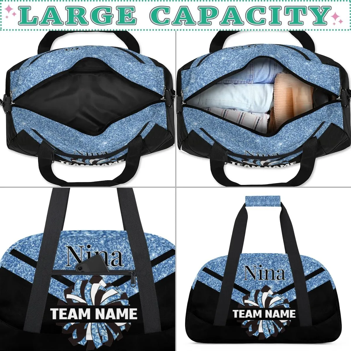 Custom Cheer Sport Bag Gym Duffel Bags Personalized Cheerleadr Bag with Team Name, Customize Travel Duffle Bags, Overnight Weekender Bag Cheerleading Gifts, Blue Glitter