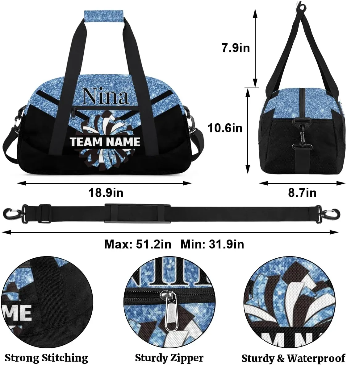 Custom Cheer Sport Bag Gym Duffel Bags Personalized Cheerleadr Bag with Team Name, Customize Travel Duffle Bags, Overnight Weekender Bag Cheerleading Gifts, Blue Glitter