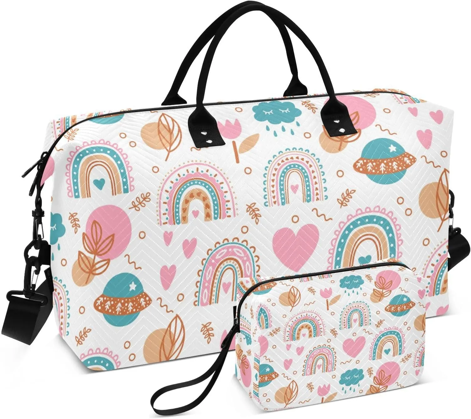 Cute Boho Rainbows Pattern Travel Duffle Bag, Large Weekender Overnight Bags for Women Men Waterproof Carry on Shoulder Tote Bags for Hospital Maternity Mommy Gym with Toiletry Bag