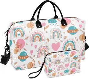 Cute Boho Rainbows Pattern Travel Duffle Bag, Large Weekender Overnight Bags for Women Men Waterproof Carry on Shoulder Tote Bags for Hospital Maternity Mommy Gym with Toiletry Bag