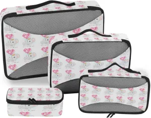 Cute Elephant Mother and Cub with Pink Balloons on White 4 PCs Set Packing Bags, Luggage Organizer Bag, Portable Cube Toiletry bag, Durable Travel Cosmetic Storage Bag for Men Women