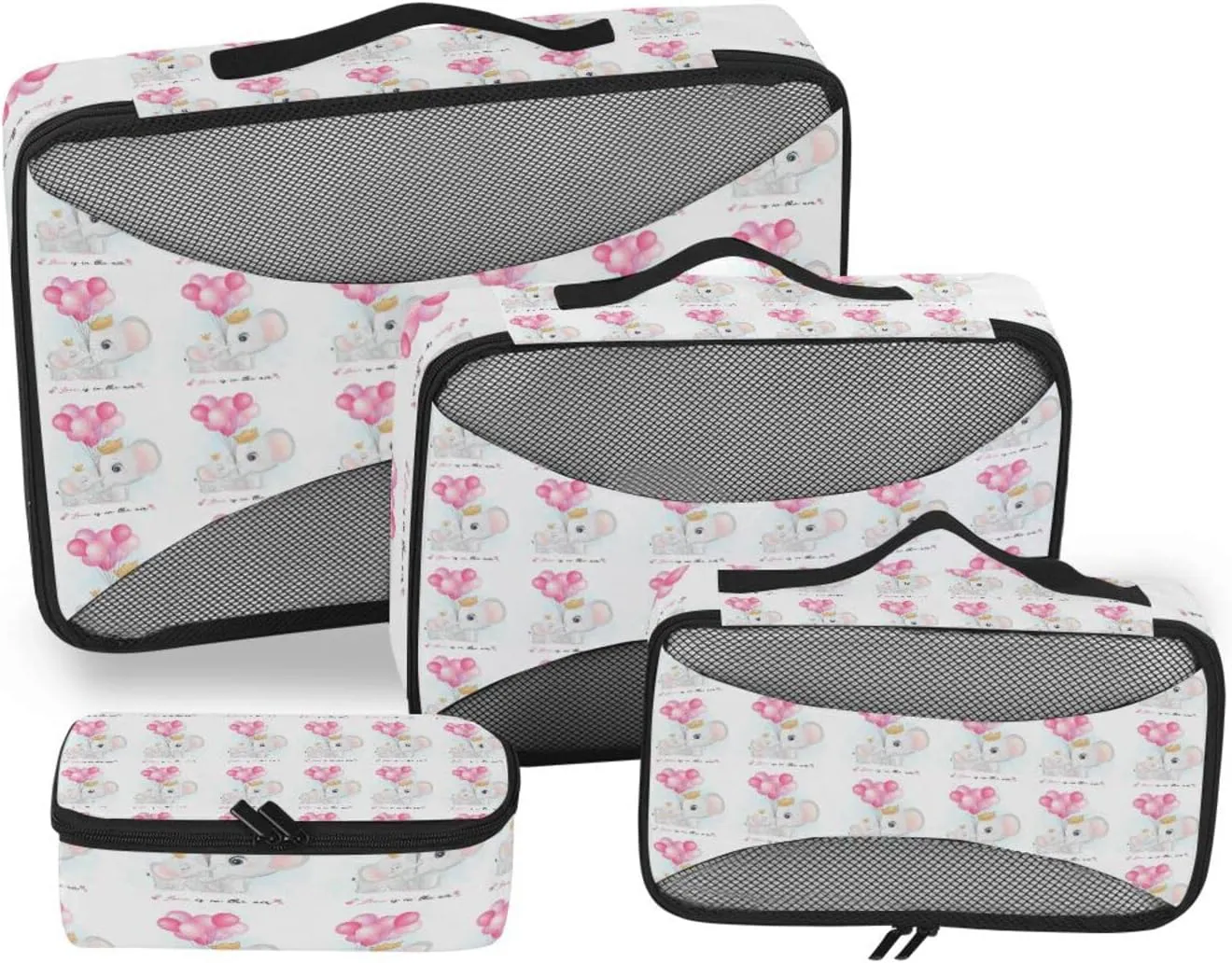Cute Elephant Mother and Cub with Pink Balloons on White 4 PCs Set Packing Bags, Luggage Organizer Bag, Portable Cube Toiletry bag, Durable Travel Cosmetic Storage Bag for Men Women
