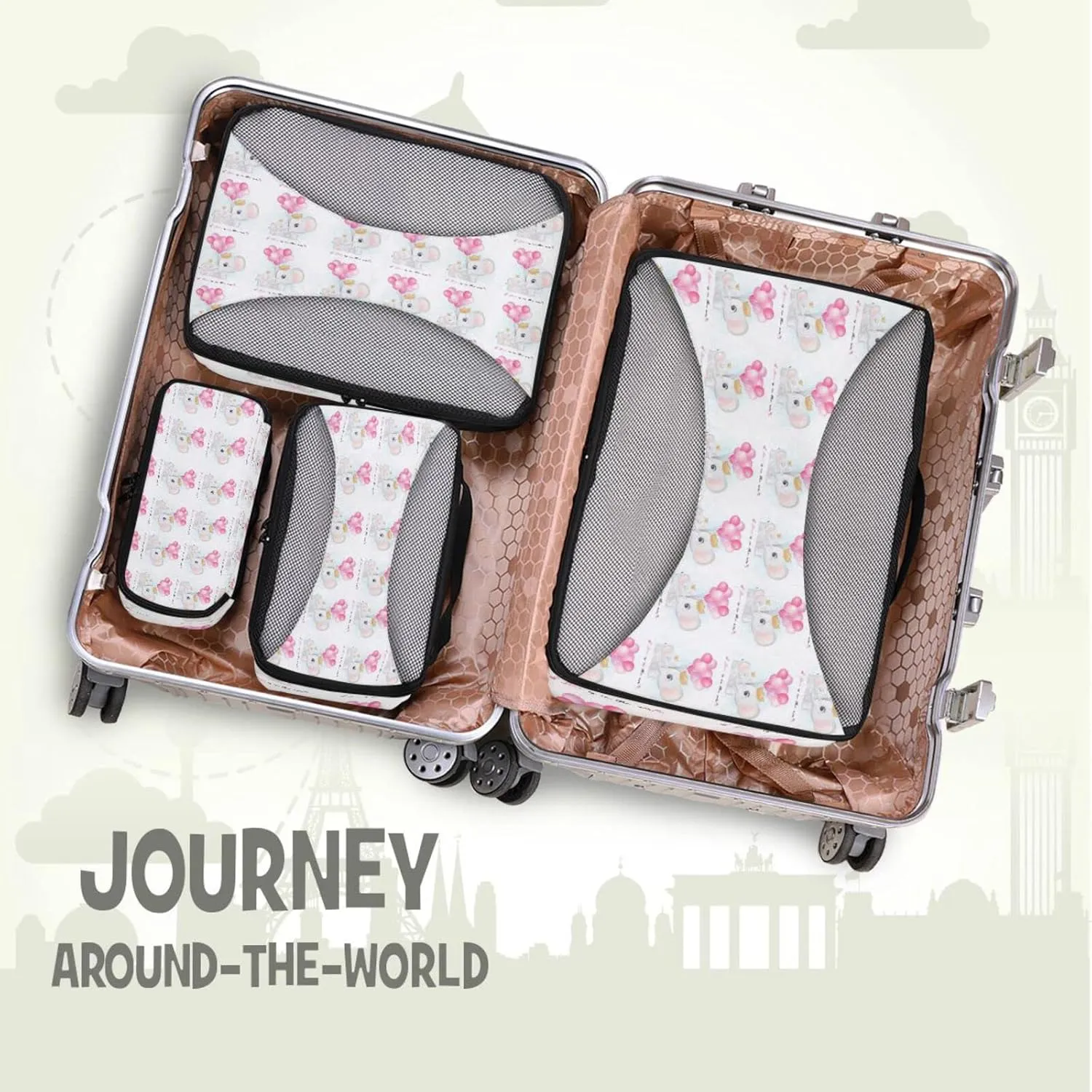Cute Elephant Mother and Cub with Pink Balloons on White 4 PCs Set Packing Bags, Luggage Organizer Bag, Portable Cube Toiletry bag, Durable Travel Cosmetic Storage Bag for Men Women